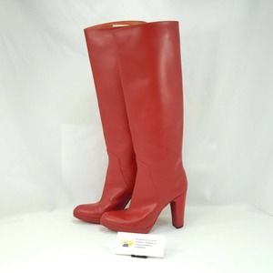 Sergio Rossi Tall Leather Heeled Boots Womens Size 5 35 Red